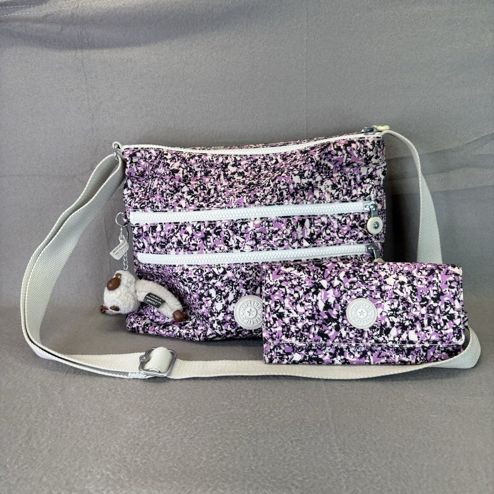 Kipling Lot of 2 Alvar Print Crossbody And Wallet - Ocean Breeze Purple